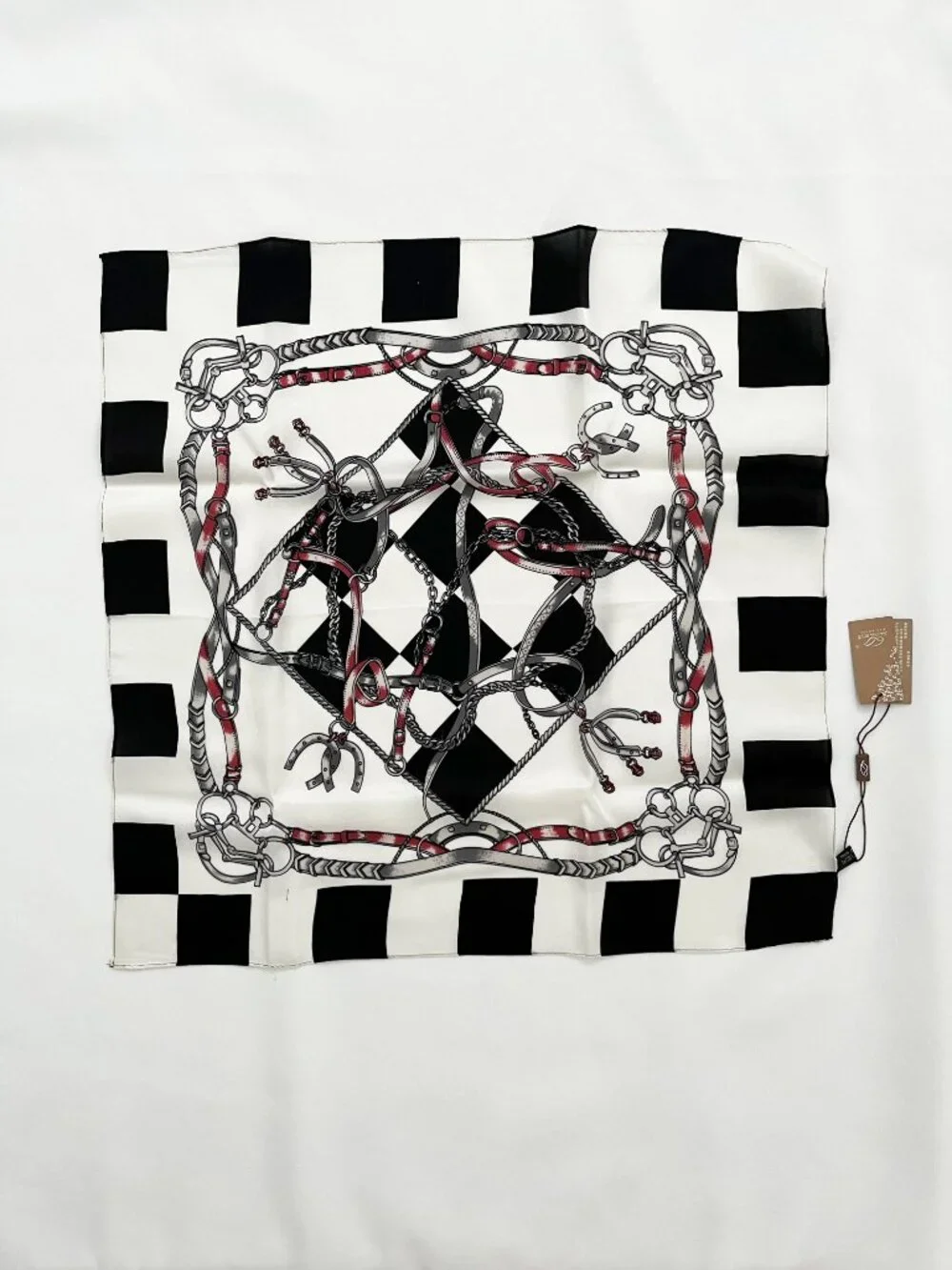 Codello Vintage Equestrian Checkered Black and White Silk Scarf NWT